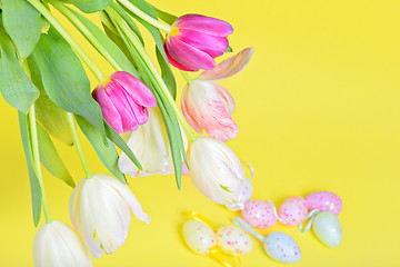 Image showing View from above to the easter tulips and eggs