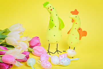 Image showing Easter chickens, pink tulips and eggs