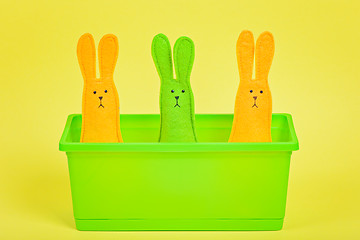 Image showing Three easter Bunnies in flower pot 