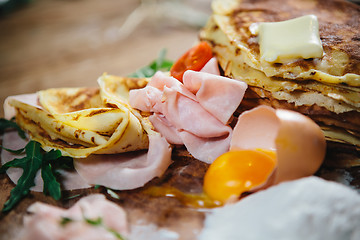 Image showing pancakes with ham cheese and vegetables