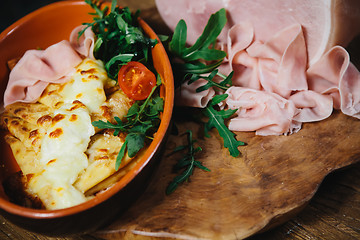 Image showing pancakes with ham cheese and vegetables