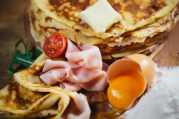 Image showing pancakes with ham cheese and vegetables