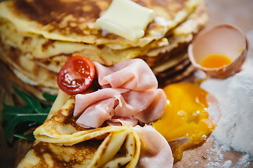 Image showing pancakes with ham cheese and vegetables