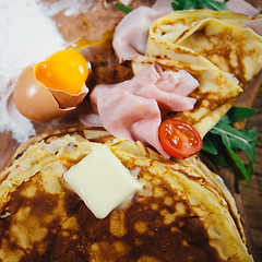 Image showing pancakes with ham cheese and vegetables