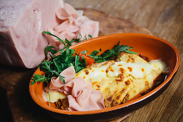 Image showing pancakes with ham cheese and vegetables