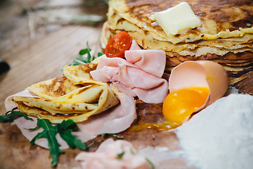 Image showing pancakes with ham cheese and vegetables