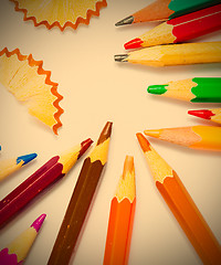 Image showing set of vintage colored pencils with chips