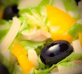 Image showing Assorted green leaf lettuce with squid and black olives