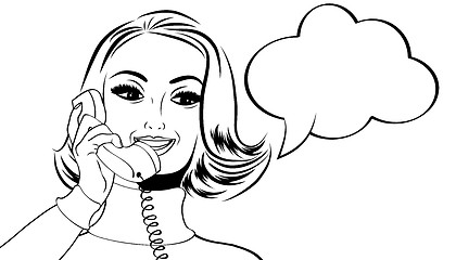 Image showing pop art cute retro woman in comics style talking on the phone