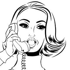 Image showing pop art cute retro woman in comics style talking on the phone