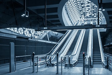 Image showing Moving escalator in the business center