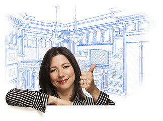 Image showing Hispanic Woman with Thumbs Up, Custom Kitchen Drawing Behind