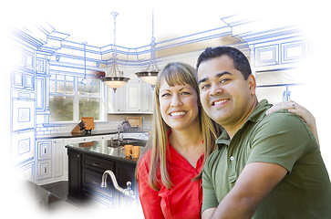 Image showing Mixed Race Couple Over Kitchen Design Drawing and Photo