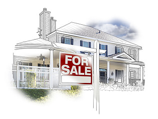 Image showing House and For Sale Sign Drawing and Photo on White