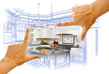 Image showing Hands Framing Custom Kitchen Design Drawing and Photo Combinatio