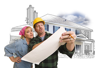 Image showing Woman with Contractor Over House Drawing and Photo on White