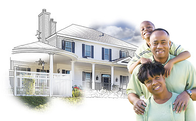 Image showing African American Family Over House Drawing and Photo on White