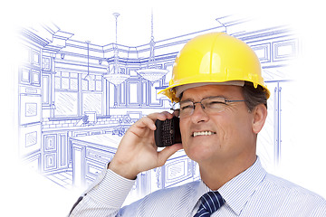 Image showing Contractor in Hardhat on Phone Over Custom Kitchen Drawing