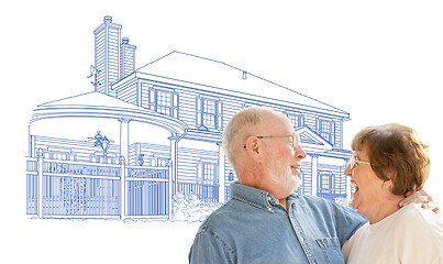 Image showing Happy Senior Couple Over House Drawing on White