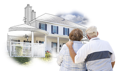 Image showing Embracing Senior Couple Over House Drawing and Photo on White