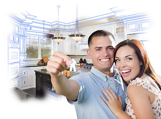 Image showing Military Couple with House Keys Over Kitchen Drawing and Photo