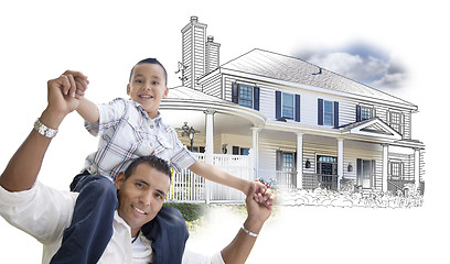 Image showing Hispanic Father and Son Over House Drawing and Photo