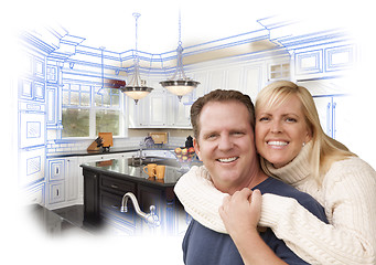 Image showing Happy Couple Hugging with Custom Kitchen Drawing and Photo Behin