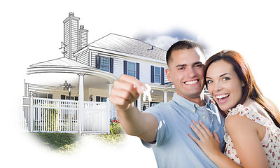 Image showing Military Couple with Keys Over House Drawing and Photo