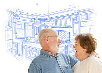 Image showing Senior Couple Over Custom Kitchen Design Drawing on White