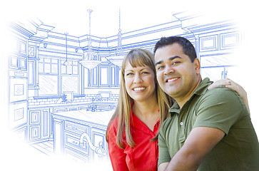 Image showing Mixed Race Couple Over Kitchen Design Drawing on White