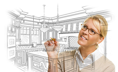 Image showing Woman With Pencil Drawing Custom Kitchen Design