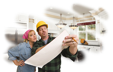 Image showing Contractor Discussing Plans with Woman, Kitchen Photo Behind