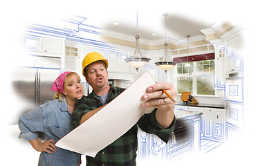 Image showing Contractor Discussing Plans with Woman, Kitchen Drawing Photo Be