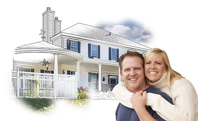 Image showing Hugging Couple Over House Drawing and Photo on White