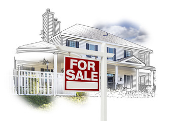 Image showing House and For Sale Sign Drawing and Photo on White