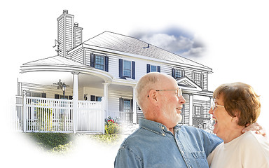 Image showing Happy Senior Couple Over House Drawing and Photo on White