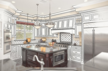 Image showing Beautiful Custom Kitchen Design Drawing with Ghosted Photo Behin