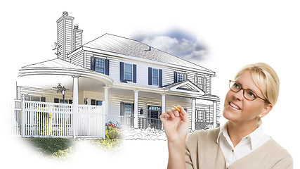 Image showing Woman with Pencil Over House Drawing and Photo on White