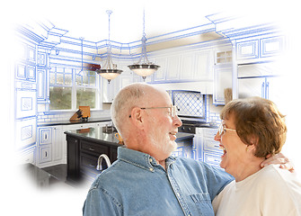 Image showing Senior Couple Over Kitchen Design Drawing and Photo on White