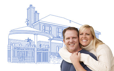 Image showing Hugging Couple Over House Drawing on White