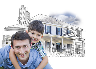 Image showing Father and Son Over House Drawing and Photo on White