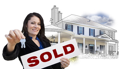 Image showing Woman, Keys, Sold Sign Over House Drawing and Photo on White