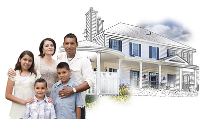 Image showing Young Hispanic Family Over House Drawing and Photo on White