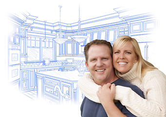 Image showing Happy Couple Hugging with Custom Kitchen Drawing Behind