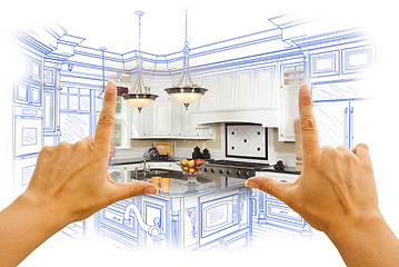 Image showing Hands Framing Custom Kitchen Design Drawing and Photo Combinatio