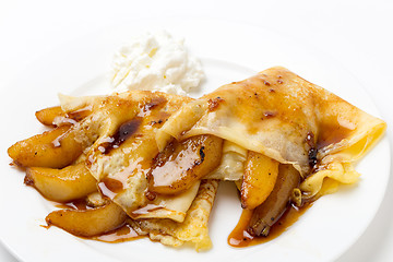 Image showing Pancakes, pears and yoghurt
