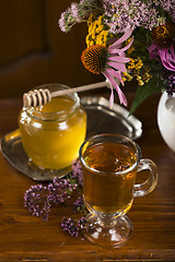 Image showing medicinal herbs, honey, herbal tea