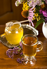 Image showing medicinal herbs, honey, herbal tea