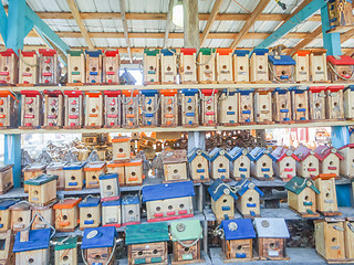 Image showing array of handmade birdhouses for sale