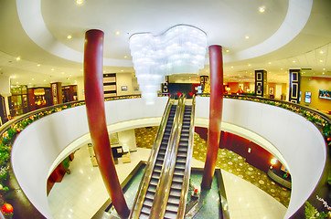 Image showing modern interior of a luxury hotel with escalators